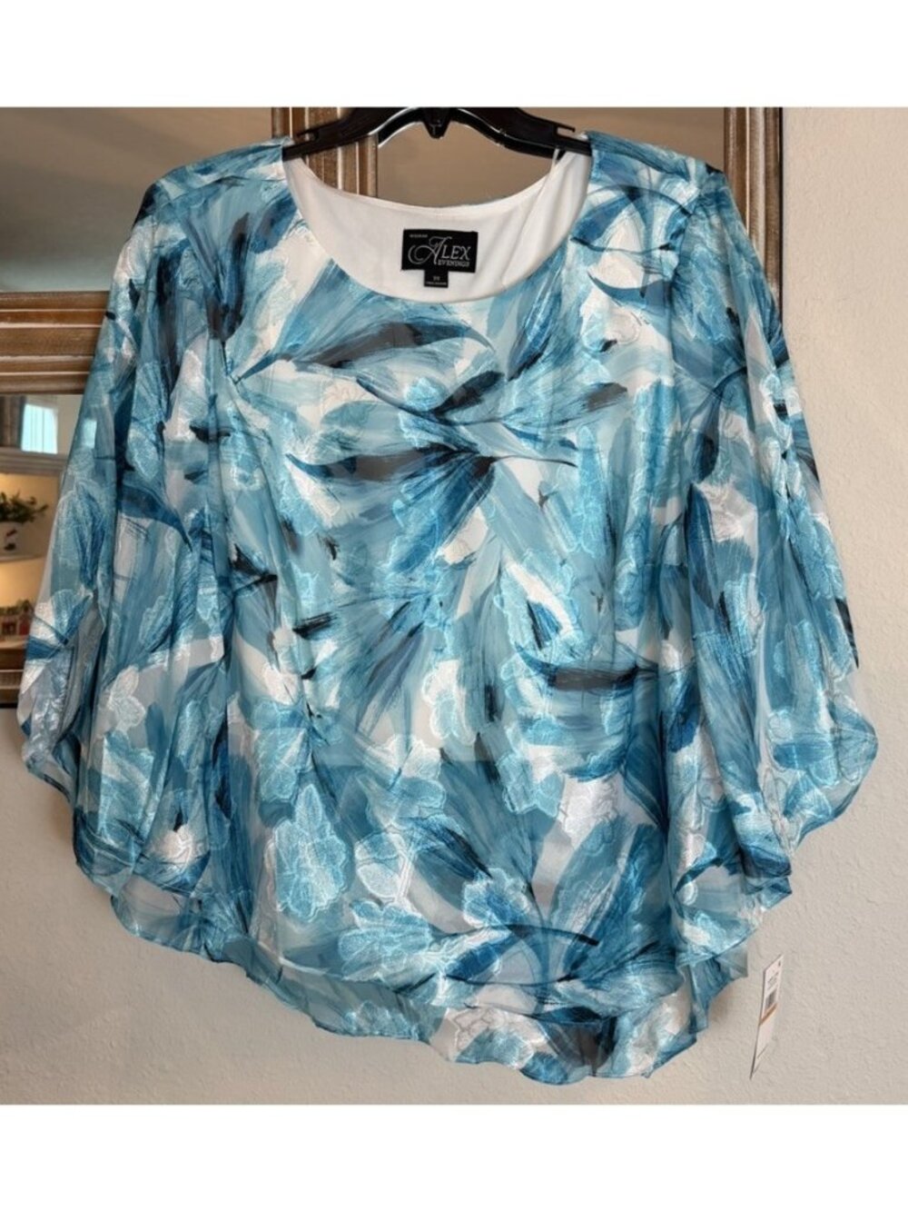 Alex Evenings Size 2X Blouse 3/4 Sleeve Layers Asymmetrical Aqua Floral NEW